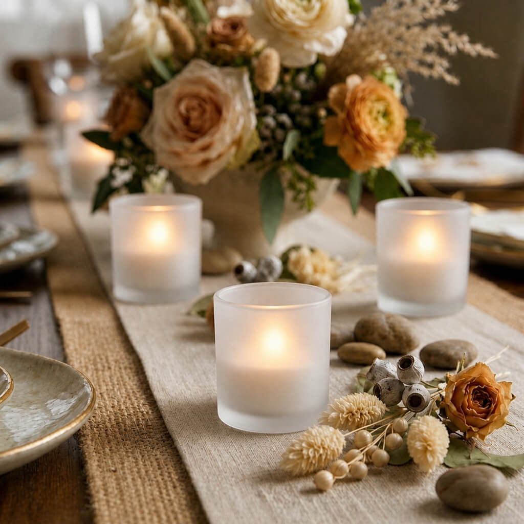 Decorative table setting with candles, flowers, and stones on a textured tablecloth.