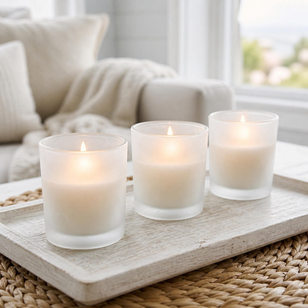 Frosted glass votive candles on wooden tray in cozy living room setting