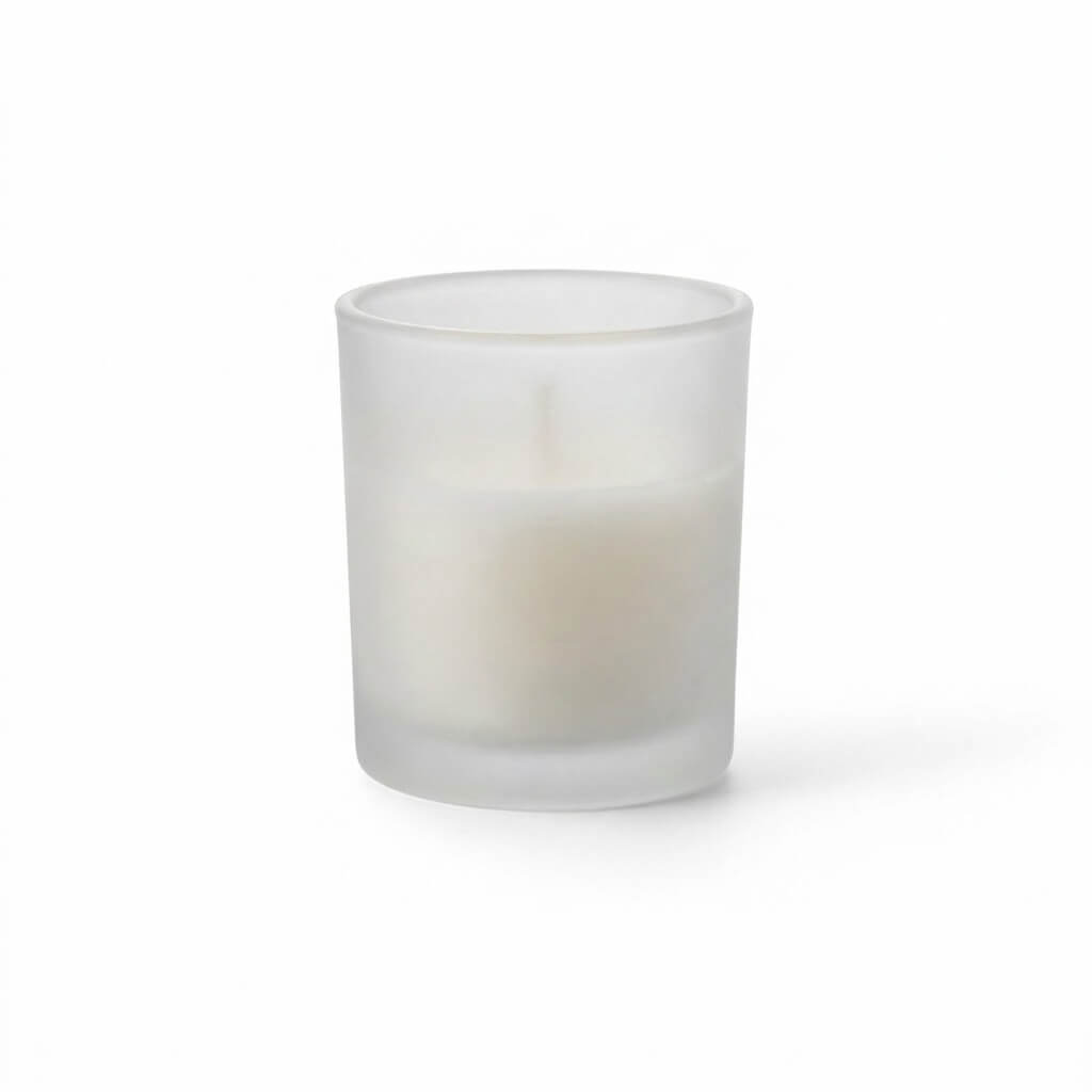 Frosted glass votive holder with white candle on white background
