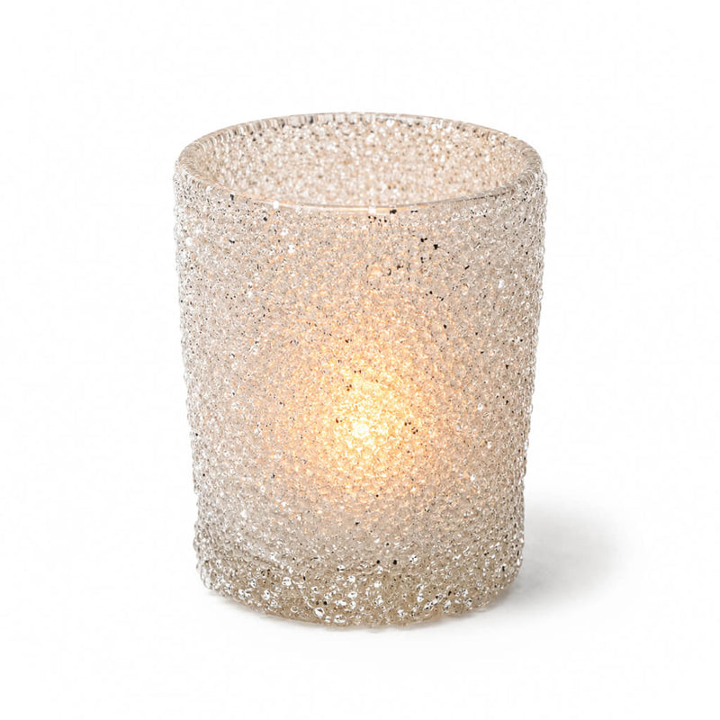 Frosted sparkle votive holder with glowing light on white background - thumbnail number 2