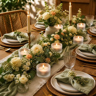 Garden tablescape with frosted tealight candle holders and fresh floral garland - thumbnail number 4