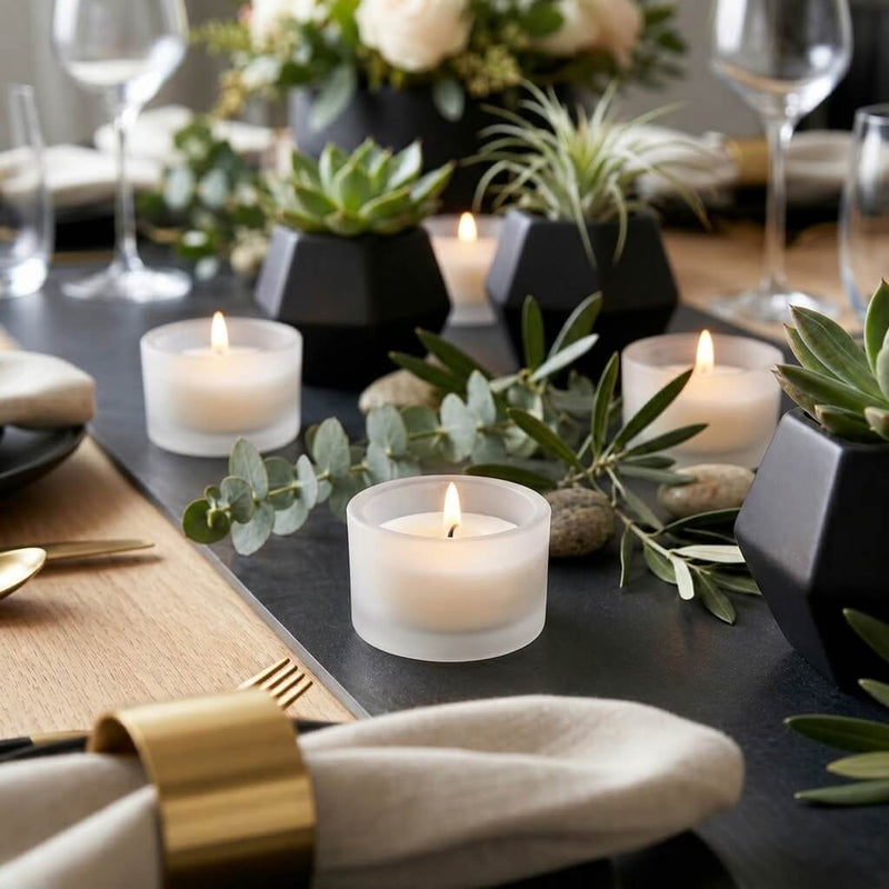 Minimalist candle centerpiece with frosted tealight holders and succulents - thumbnail number 6