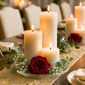 8" Round Glass Pillar Plate with lit candles and a red rose on a tablescape - thumbnail number 6