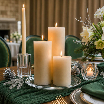 8" Round Glass Pillar Plate with three lit pillar candles on a winter tablescape - thumbnail number 5
