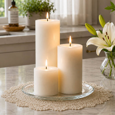 8" Round Glass Pillar Plate with three lit pillar candles on a doily - thumbnail number 8