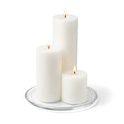 8" Round Glass Pillar Plate with three lit pillar candles on a white background - thumbnail number 3