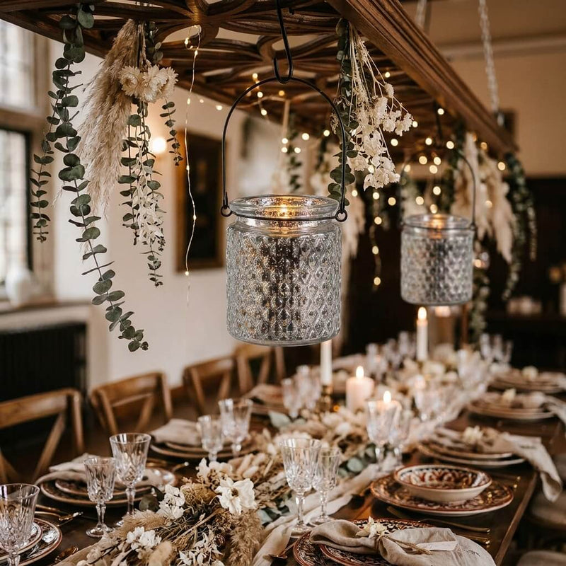 Festive dining decor with lit glass lanterns and floral arrangements. - thumbnail number 6