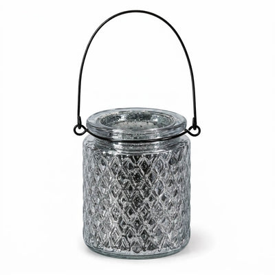 Patterned mercury glass holder with black wire handle against white - thumbnail number 2