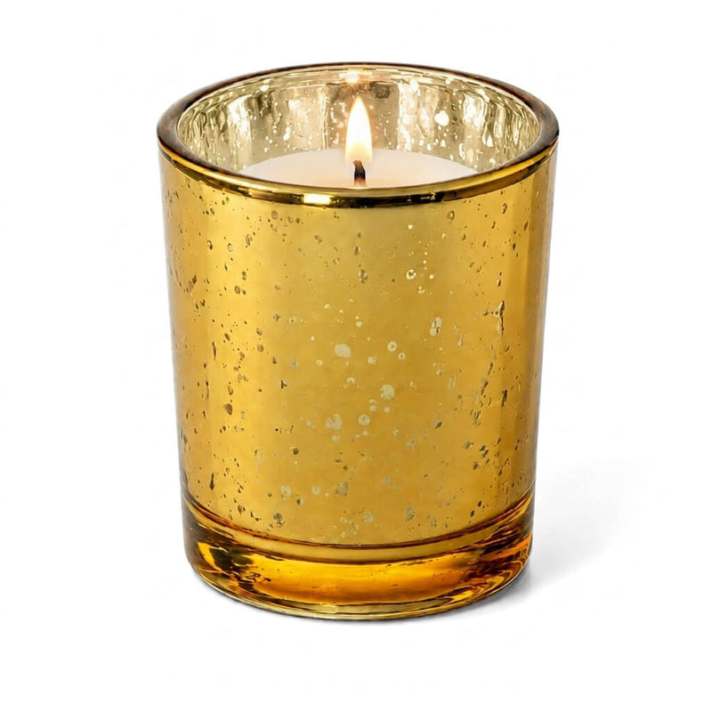 An Amber Gold Mercury Votive Holder with lit candle on a white background - thumbnail number 3