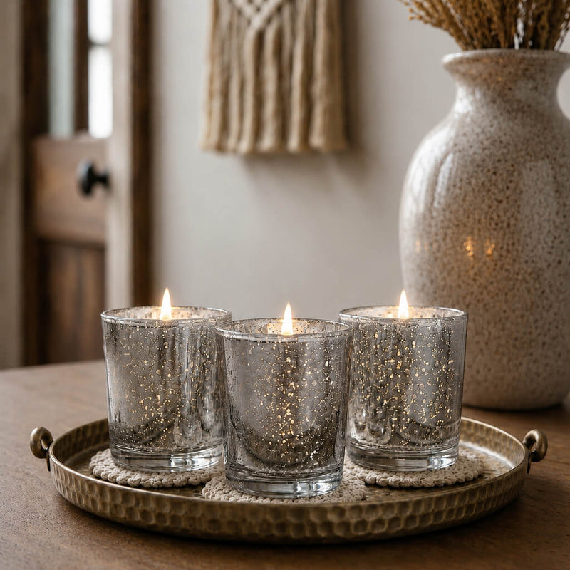 Three lit Silver Mercury Votive Holders on coasters inside a hammered brass tray - thumbnail number 8