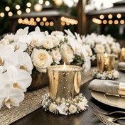 An upscale event centerpiece featuring a glowing Metallic Gold Mercury Votive Holder and roses - thumbnail number 4