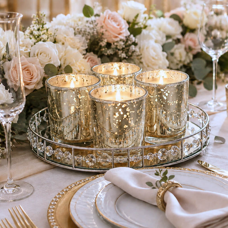 Four glowing Metallic Gold Mercury Votive Holder pieces arranged on a mirrored vanity tray - thumbnail number 6
