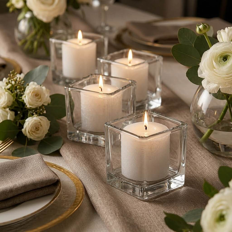 Lit white candles in square glass holders on elegant floral dining table - thumbnail number 6