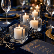 Lit glass candle holders on elegant navy and gold dinner table setting - thumbnail number 5