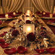 Square frosted votive candle holders on elegant red and gold floral dinner table decor - thumbnail number 3