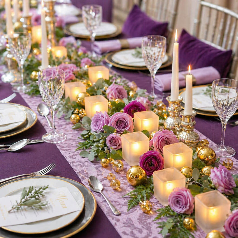 Square frosted votive candle holders on elegant purple floral dinner table decor - thumbnail number 5