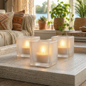 Square frosted votive candle holders glowing on cozy living room tray decor - thumbnail number 6