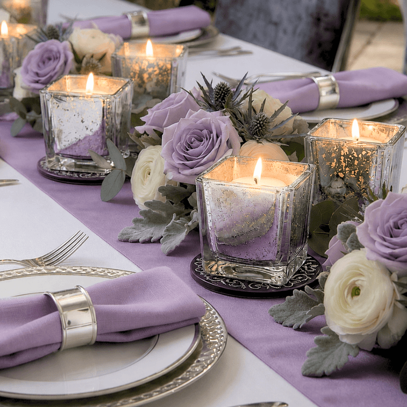 Lavender floral table setting with glowing mercury glass candle holders and roses - thumbnail number 4
