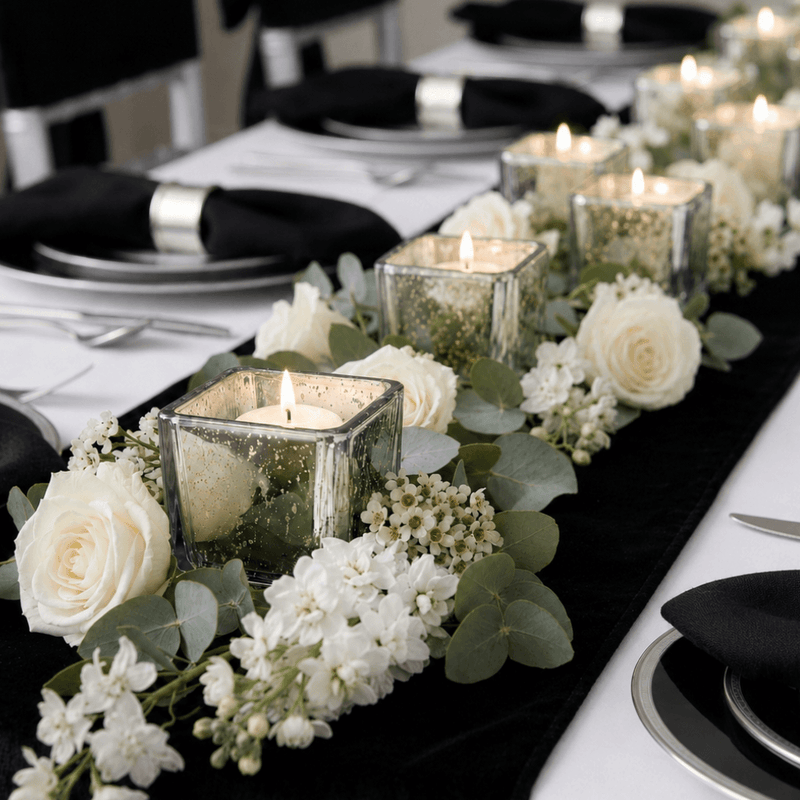 White floral table runner with mercury glass candles and elegant black napkins - thumbnail number 5