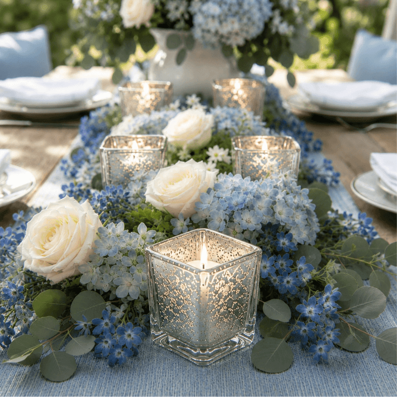 Blue and white floral table runner with glowing mercury glass candle holders - thumbnail number 6