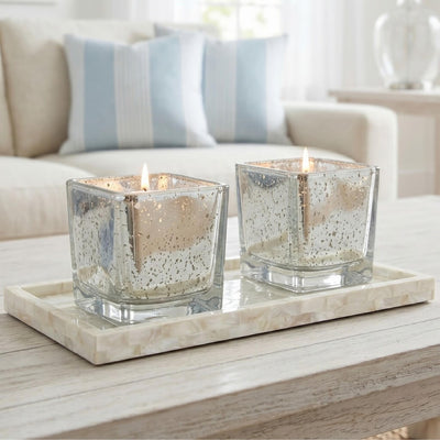 Pair of silver mercury square votive holders on a tray in a bright living room - thumbnail number 8
