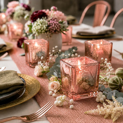 Rose gold mercury square votive holders with floral table decor and glowing candles - thumbnail number 5