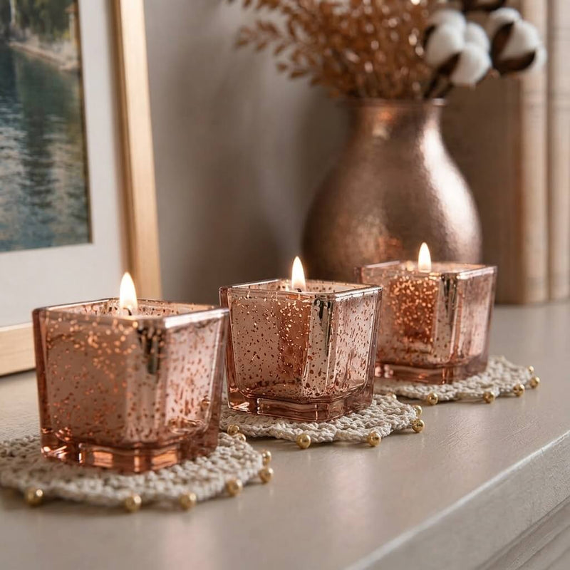 Rose gold mercury square votive holders glowing on a cozy mantel display - thumbnail number 7