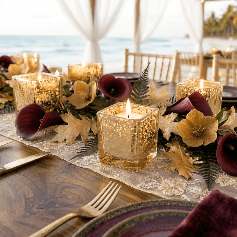 Metallic gold mercury square votive holders with elegant autumn beach table decor - thumbnail number 5
