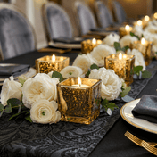 Metallic gold mercury square votive holders with white floral table centerpiece decor - thumbnail number 6