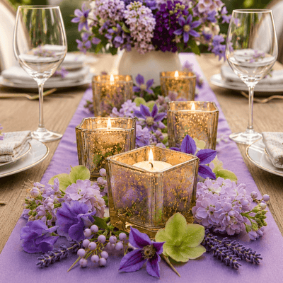 Metallic gold mercury square votive holders with purple floral table centerpiece decor - thumbnail number 4