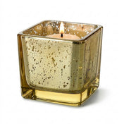Metallic gold mercury square votive holder with lit candle on white background - thumbnail number 3