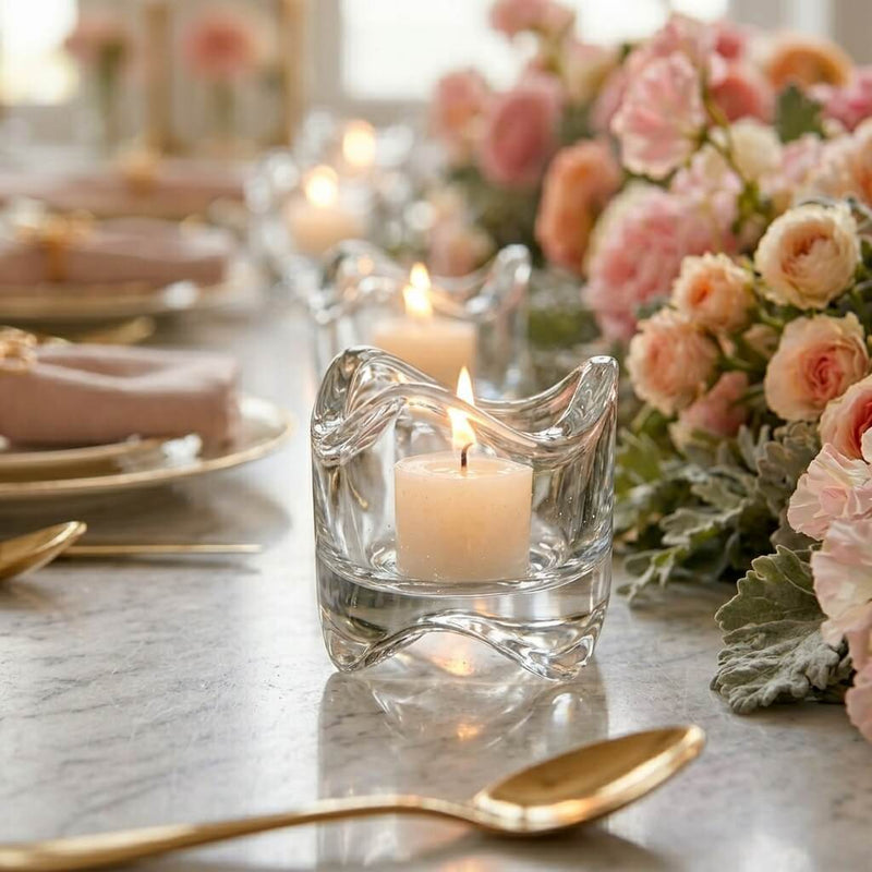 Decorative table setting with candles, flowers, and silverware on a marble surface. - thumbnail number 8