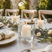 Swirl top glass votive holders with lit candles and lavender on an outdoor table set for a meal - thumbnail number 7