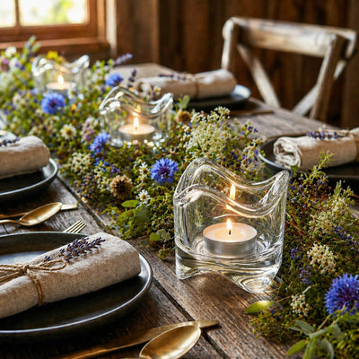 Swirl top glass tealight holders with lit candles nestled in a wildflower table runner - thumbnail number 6