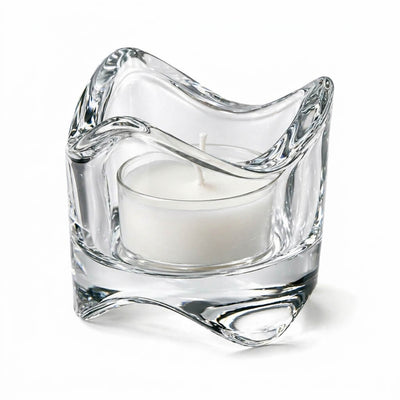 Clear glass swirl-top tealight holder with a white candle on a white background - thumbnail number 2