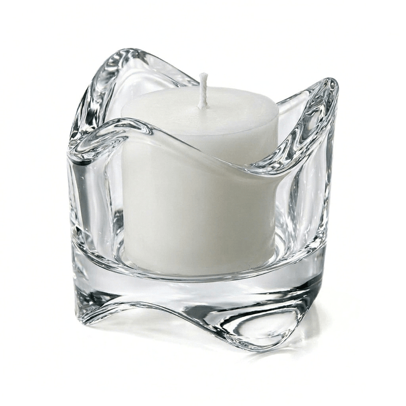 Clear glass swirl-top votive holder with a white candle on a white background - thumbnail number 4
