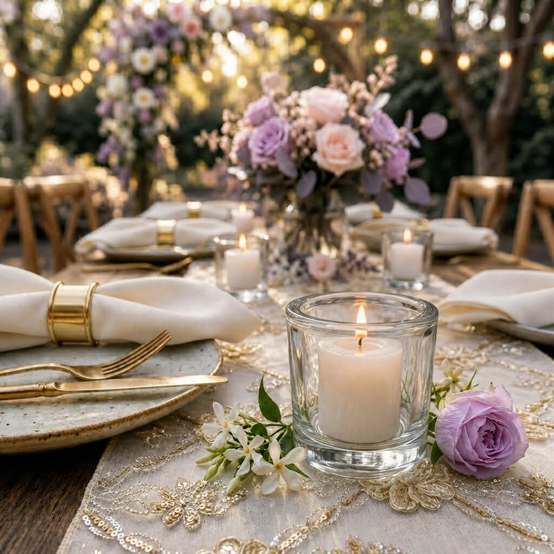 Elegant garden dinner table with lit candles, gold accents, and lavender flowers - thumbnail number 7