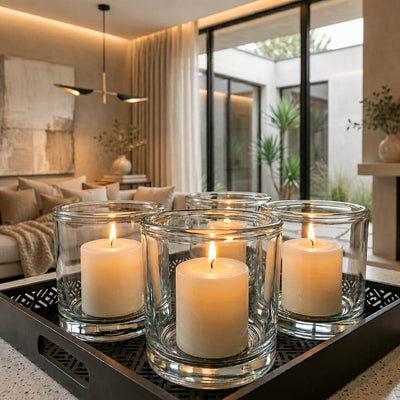 Lit white candles in clear glass holders on tray in modern home interior - thumbnail number 10