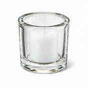 Clear glass candle holder with white votive candle on white background - thumbnail number 4