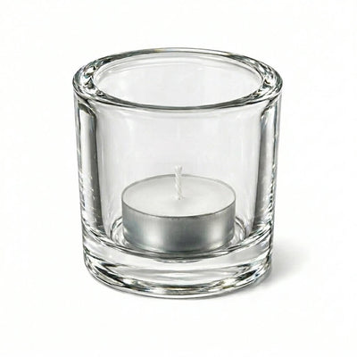 Clear glass candle holder with white tealight candle on white background - thumbnail number 2