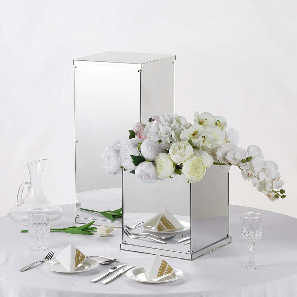 12" Silver Mirrored Acrylic Display Box – Pedestal Riser with Interchangeable Lid and Base
