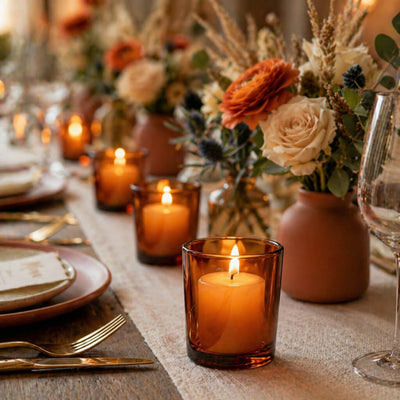 Amber glass votive candles on rustic floral dinner table centerpiece - thumbnail number 5