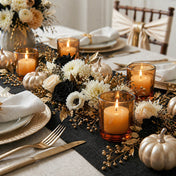 Amber glass votive candles on elegant floral fall dinner table centerpiece - thumbnail number 6