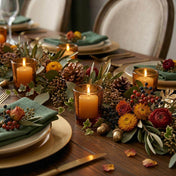 Amber glass votive candles on autumn floral dinner table centerpiece - thumbnail number 4
