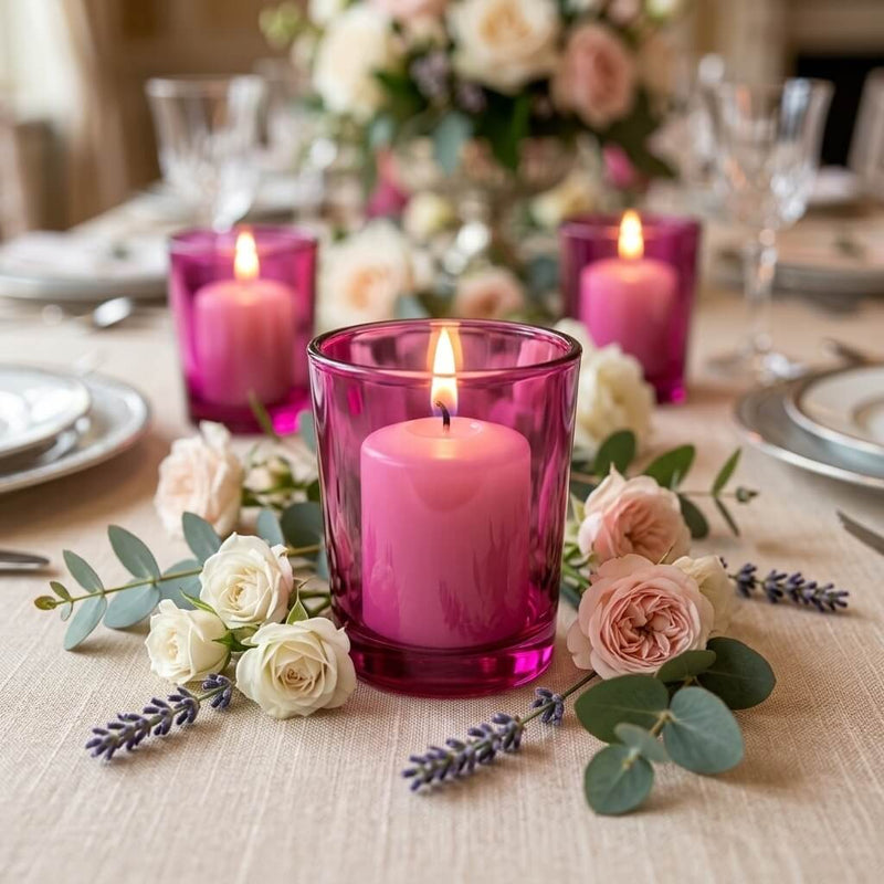 Lit candles in pink holders on a linen table with white roses and lavender sprigs - thumbnail number 5