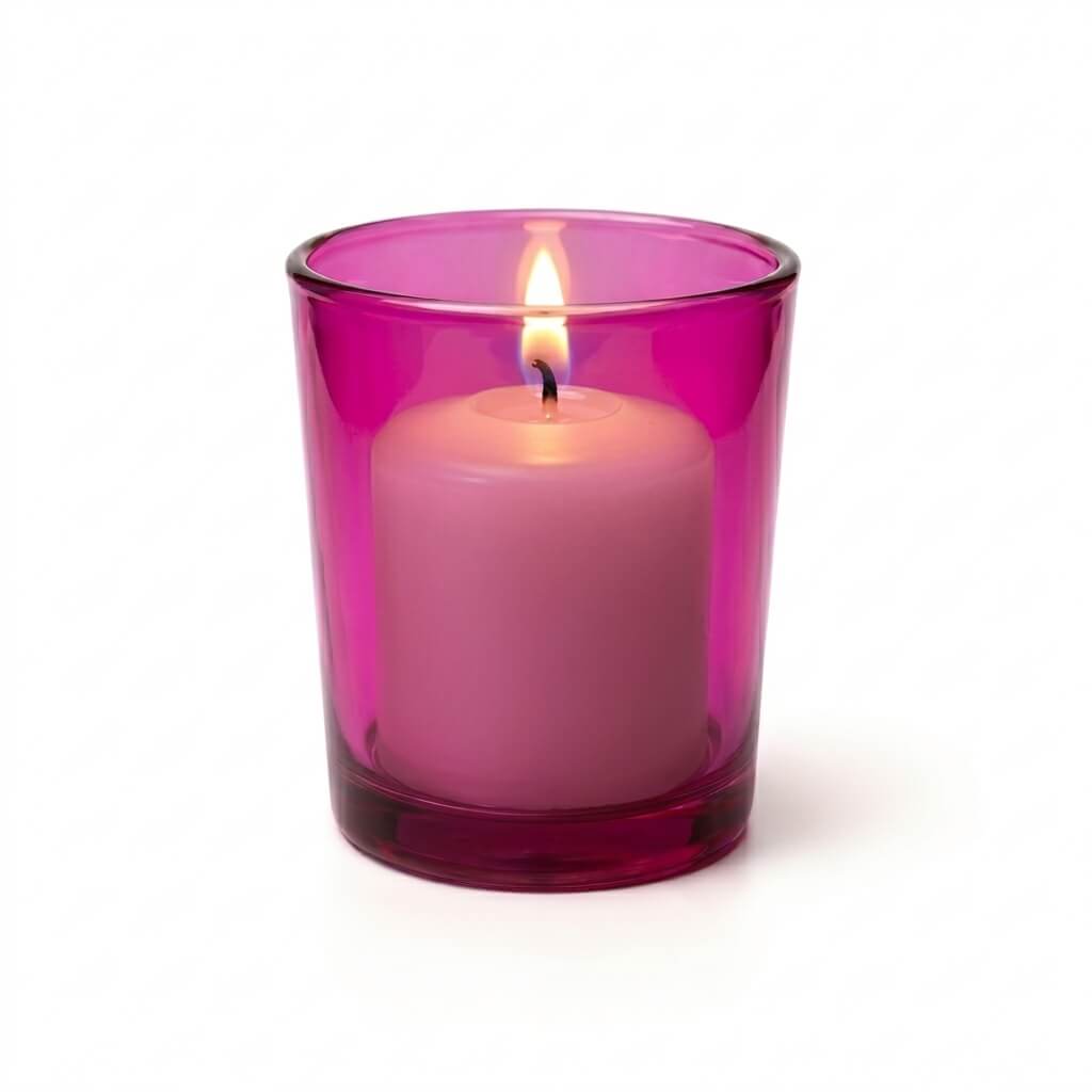 Lit white candle in a pink glass holder on a solid white background