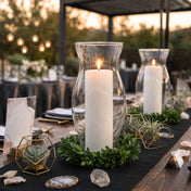 Hurricane Pillar Candle Lamp centerpiece with greenery and succulents on a black runner - thumbnail number 5