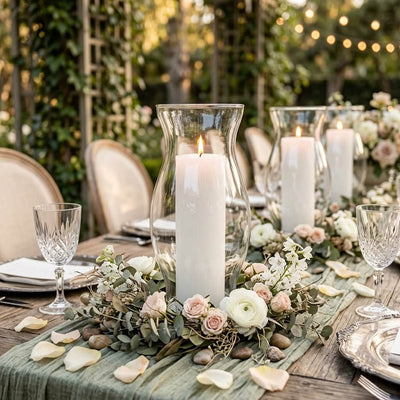Lit white candle in a glass Hurricane Pillar Candle Lamp on an elegant garden gala tablescape - thumbnail number 6