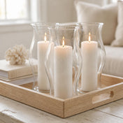Three Hurricane Pillar Candle Lamp displays arranged on a wooden tray in a cozy living room - thumbnail number 7