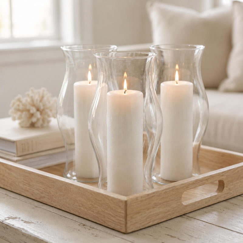 Three Hurricane Pillar Candle Lamp displays arranged on a wooden tray in a cozy living room - thumbnail number 7